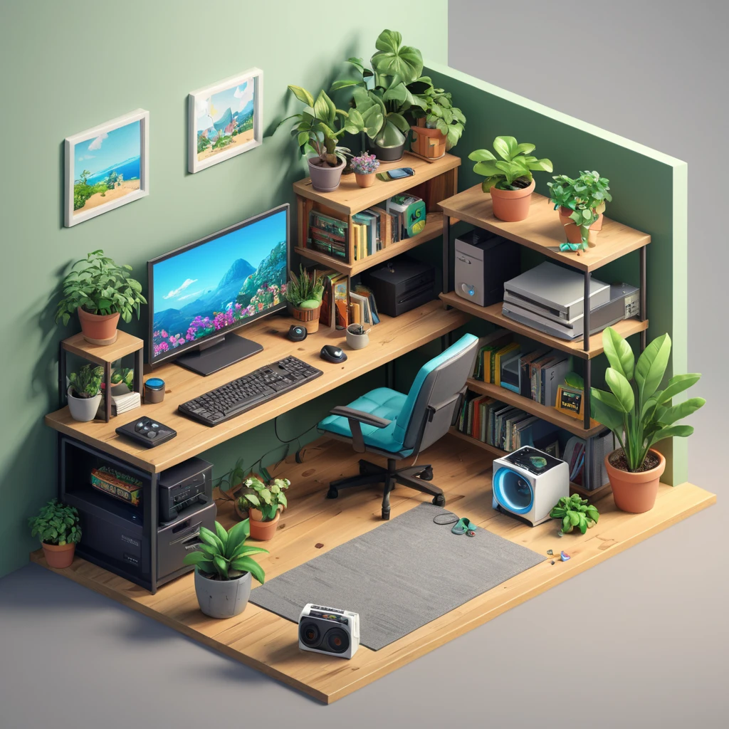 isometric render, messy nostalgic bedroom with a gaming pc, windows, plants bookshelves, desk