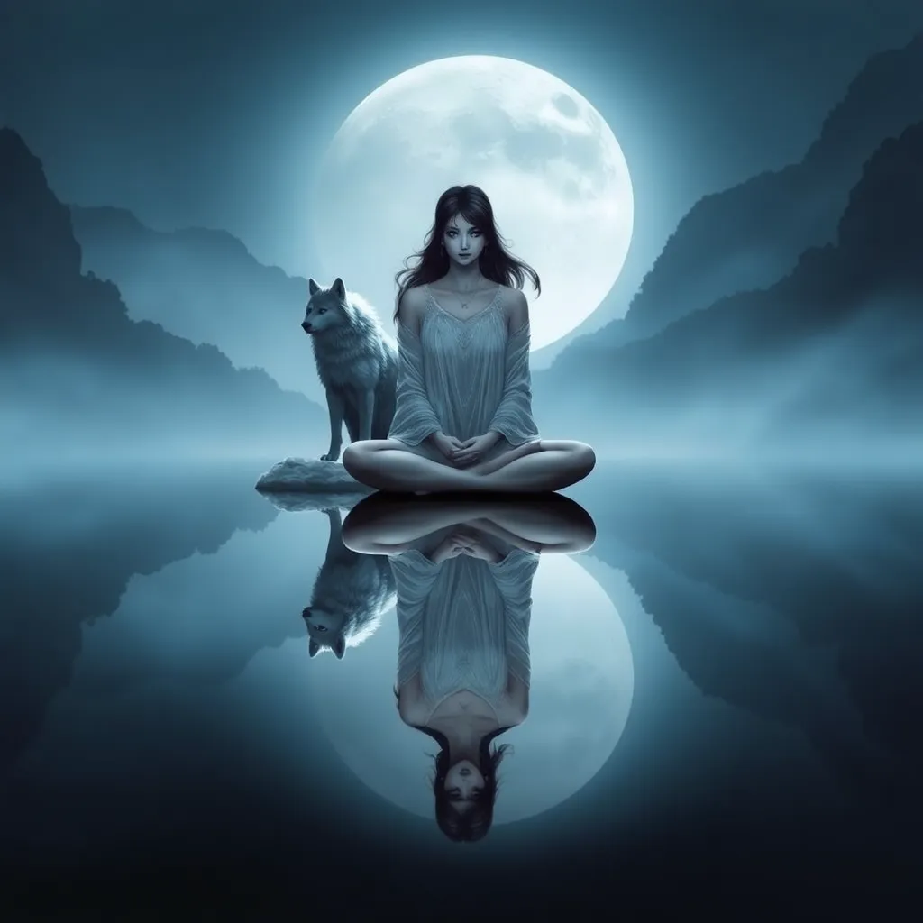 A serene image of Princess Mononoke sitting cross-legged by a serene lake, her reflection mirrored in the still water, with the silhouette of a majestic wolf at her side.