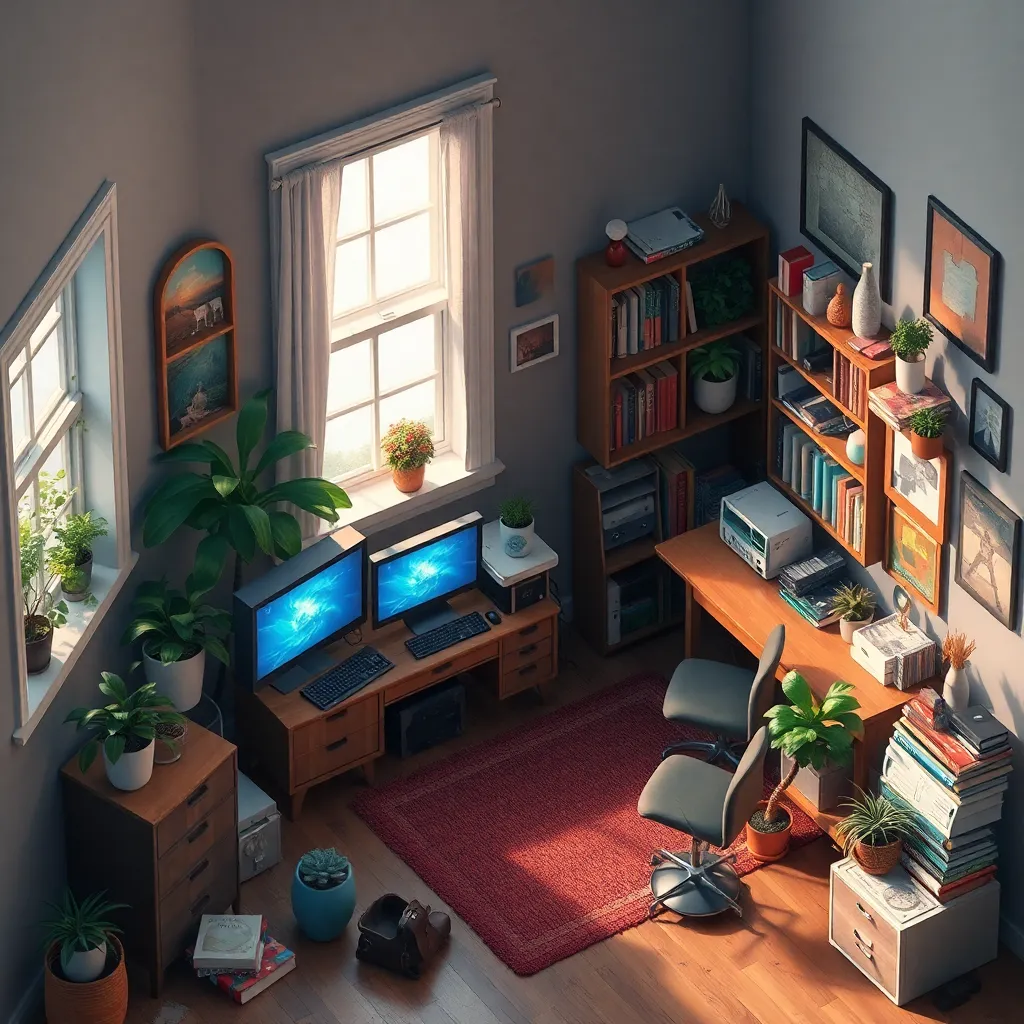 isometric render, messy nostalgic bedroom with a gaming pc, windows, plants bookshelves, desk