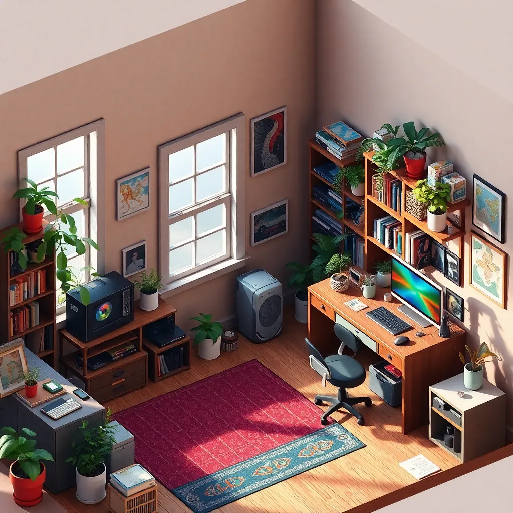 isometric render, messy nostalgic bedroom with a gaming pc, windows, plants bookshelves, desk