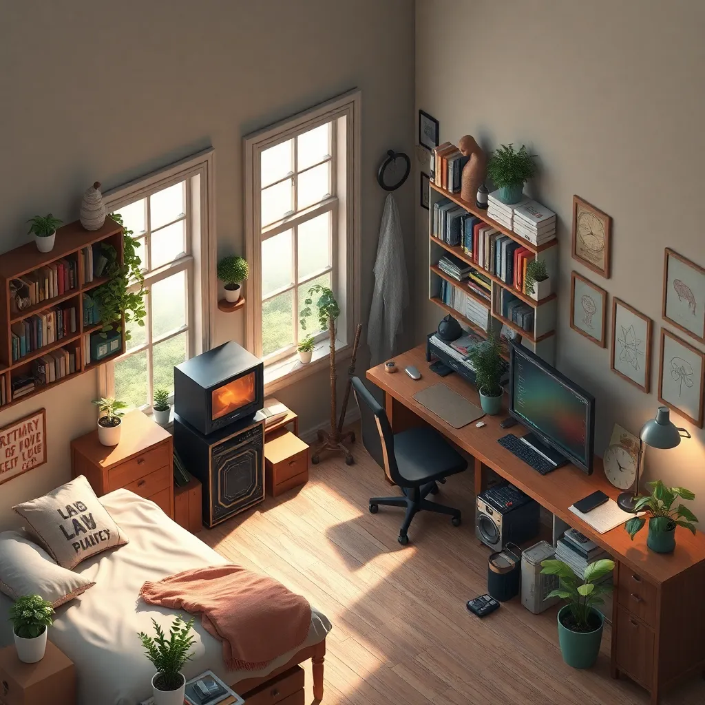 isometric render, messy nostalgic bedroom with a gaming pc, windows, plants bookshelves, desk