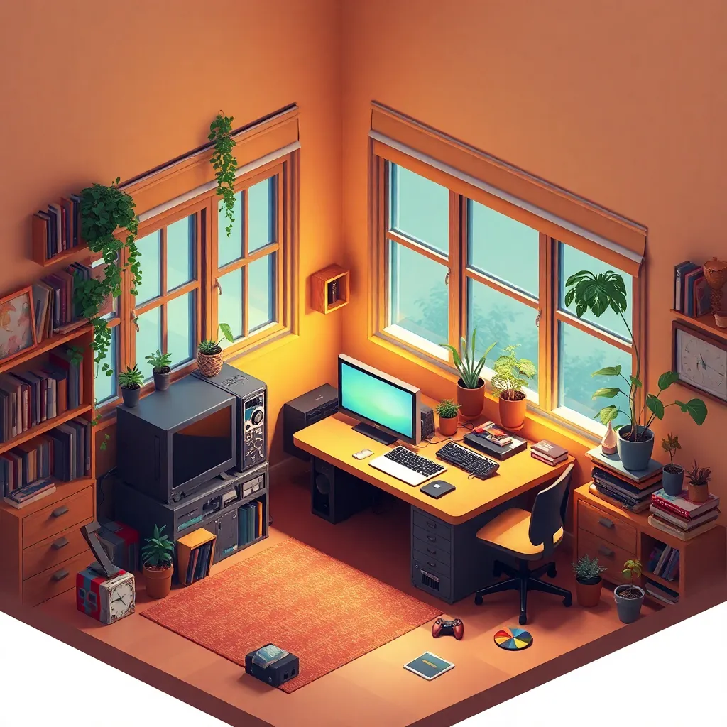 isometric render, messy nostalgic bedroom with a gaming pc, windows, plants bookshelves, desk