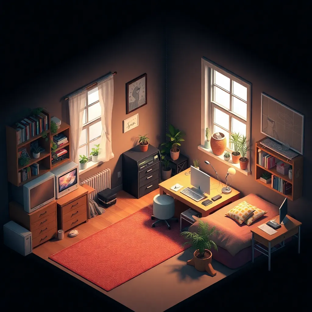 isometric render, messy nostalgic bedroom with a gaming pc, windows, plants bookshelves, desk