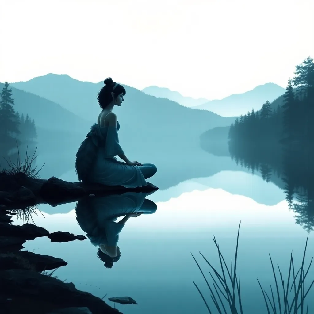 A serene image of Princess Mononoke sitting cross-legged by a serene lake, her reflection mirrored in the still water, with the silhouette of a majestic wolf at her side.