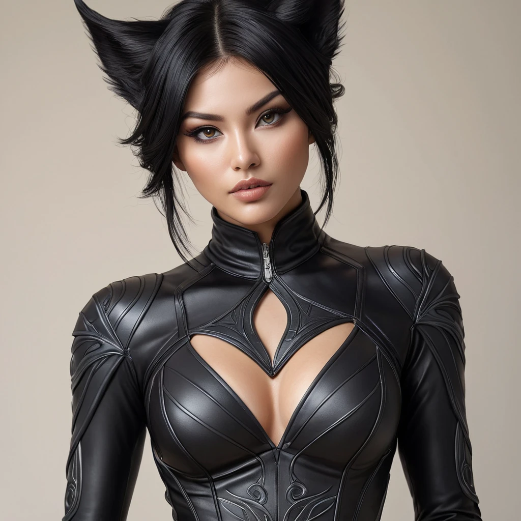 Ahri, sporting bold, demonic-style tattoos that trace the contours of her face and neck, wearing a sleek, leather bodysuit