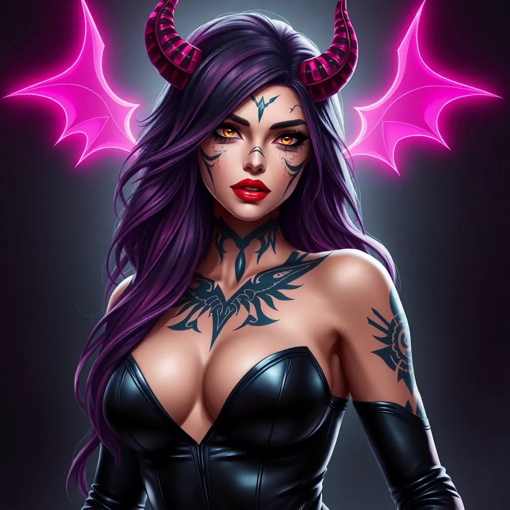 Ahri, sporting bold, demonic-style tattoos that trace the contours of her face and neck, wearing a sleek, leather bodysuit