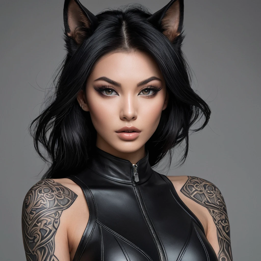 Ahri, sporting bold, demonic-style tattoos that trace the contours of her face and neck, wearing a sleek, leather bodysuit