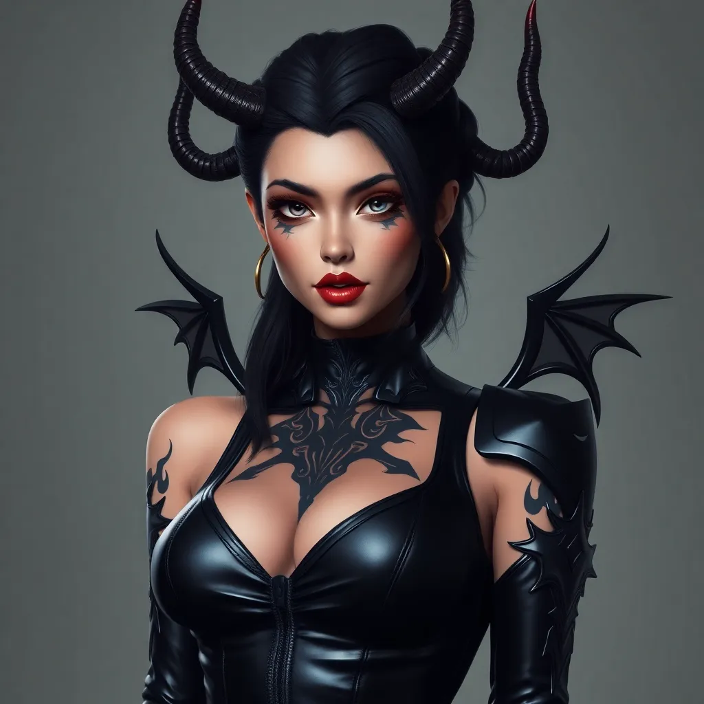 Ahri, sporting bold, demonic-style tattoos that trace the contours of her face and neck, wearing a sleek, leather bodysuit