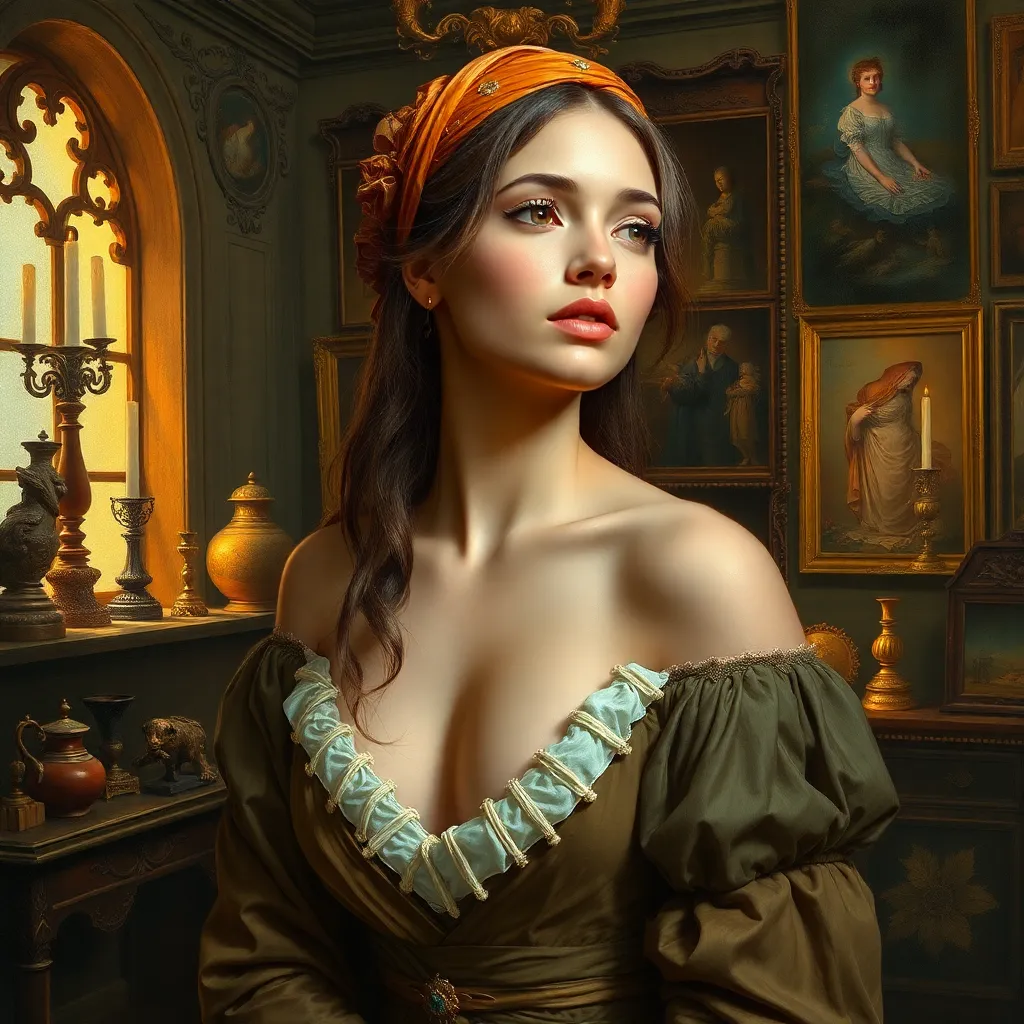 An embodiment of renaissance beauty, painted with colors that blend the Renaissance era's elegance and modern artistry, her expression one of thoughtful contemplation amidst an ornate studio filled with artifacts of the past.