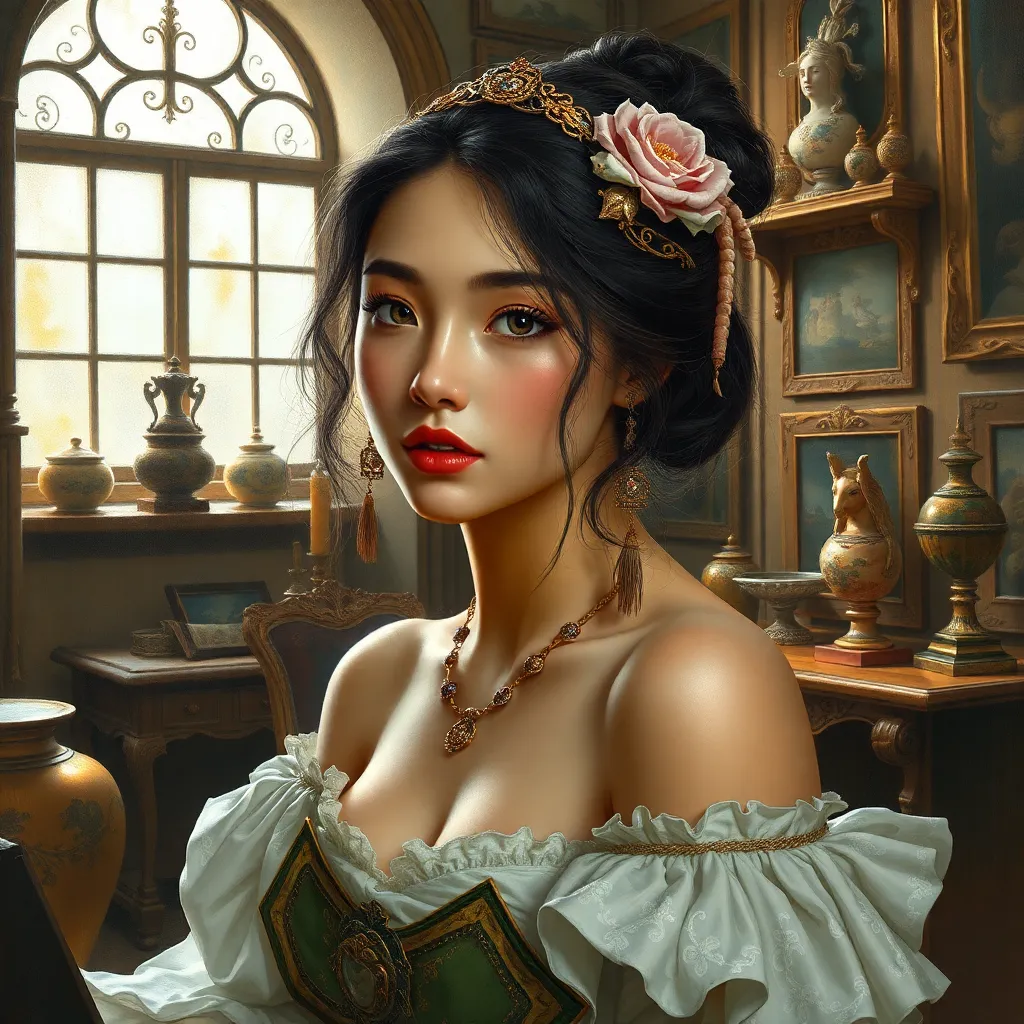 An embodiment of renaissance beauty, painted with colors that blend the Renaissance era's elegance and modern artistry, her expression one of thoughtful contemplation amidst an ornate studio filled with artifacts of the past.