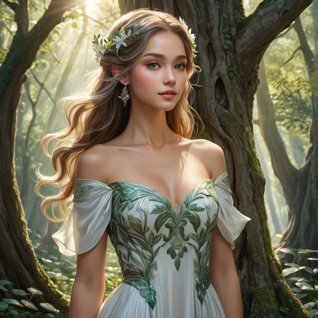 Lúthien Tinúviel, the Elf-maiden, standing amongst a grove of ancient trees. Sunlight filters through the leaves, casting dappled shadows on the forest floor. Her beauty is otherworldly, and her eyes hold a wisdom that belies her youth. She is dressed in a flowing gown, adorned with delicate flowers, and her hair flows freely in the gentle breeze.