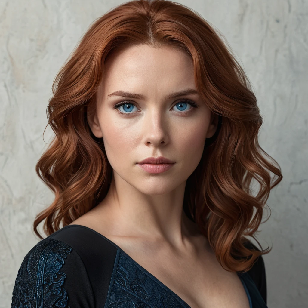 A close-up portrait of Natasha Romanoff, Black Widow, with a soft, melancholic expression. Her red hair is pulled back, revealing her strong features and piercing blue eyes. She wears a simple black dress, highlighting her vulnerability and inner strength. The lighting is soft and intimate, creating a sense of mystery and intrigue.