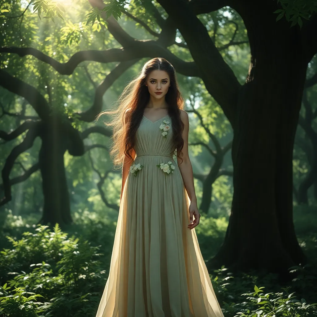 Lúthien Tinúviel, the Elf-maiden, standing amongst a grove of ancient trees. Sunlight filters through the leaves, casting dappled shadows on the forest floor. Her beauty is otherworldly, and her eyes hold a wisdom that belies her youth. She is dressed in a flowing gown, adorned with delicate flowers, and her hair flows freely in the gentle breeze.