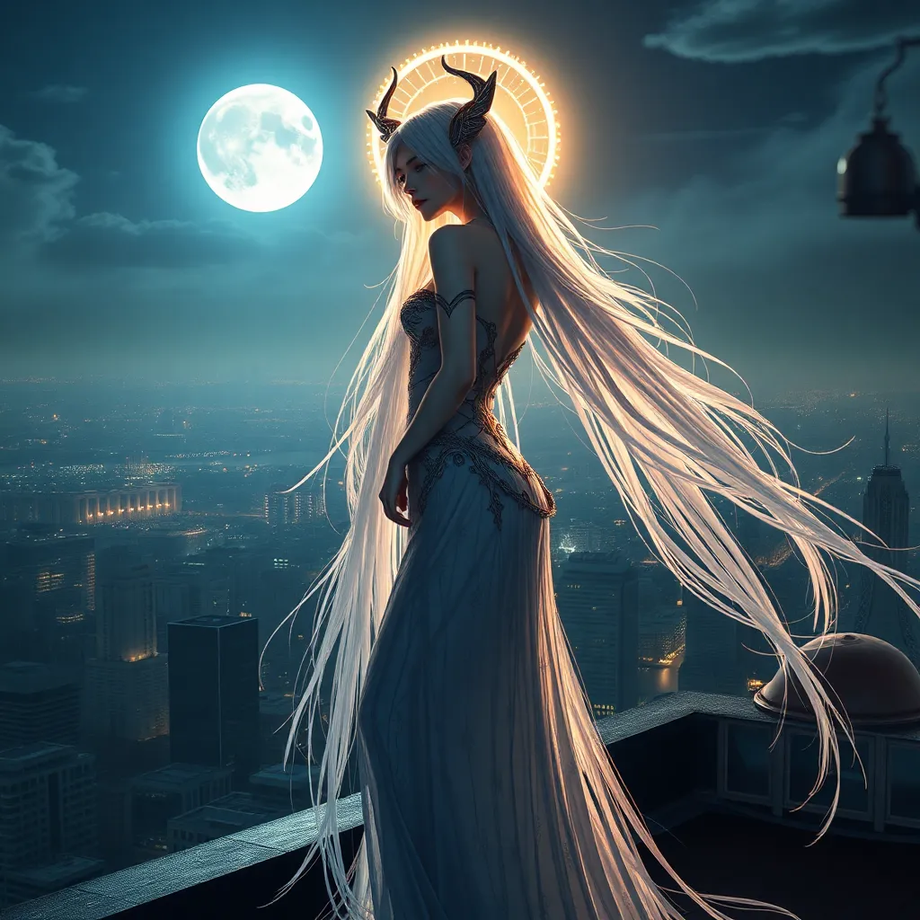 Bayonetta, ethereal and graceful, bathed in moonlight, her hair cascading down her back, a shimmering halo around her head, standing on a moonlit rooftop overlooking a sprawling cityscape, soft, dreamlike lighting, highly detailed, intricate