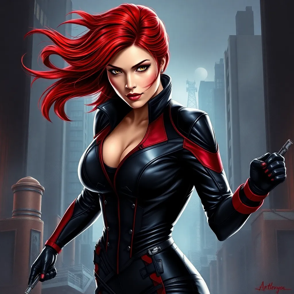 Natasha Romanoff, Black Widow, in a dramatic pose, her red hair flowing, eyes sharp and focused. She wears a sleek, black leather suit with a red accent, highlighting her strength and agility. The background is a gritty urban landscape, reflecting her past and present.