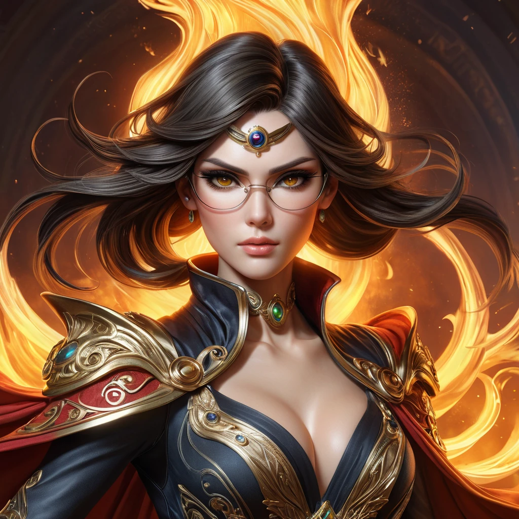 A hyperrealistic portrait of Bayonetta, her eyes glowing with power, standing triumphantly amidst a fiery inferno, her hair flowing like molten lava, intricate details of her outfit, cinematic lighting, in the style of Alphonse Mucha