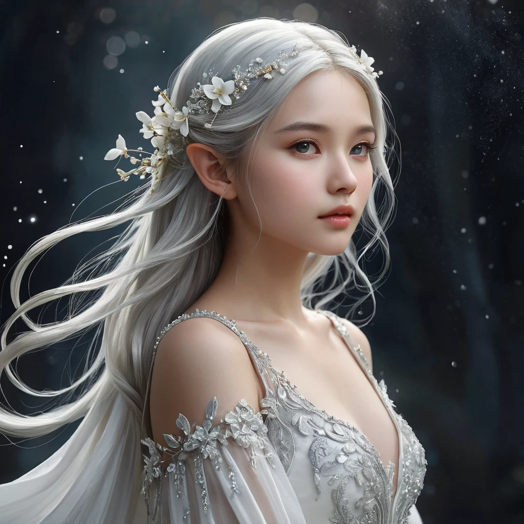 A breathtaking portrait of Lúthien Tinúviel, the Elf-maiden, bathed in the ethereal glow of moonlight. Her flowing silver hair cascades down her back, and her eyes sparkle with an otherworldly beauty. She is adorned in a flowing white gown, embroidered with delicate silver flowers, and her face is serene and ethereal.