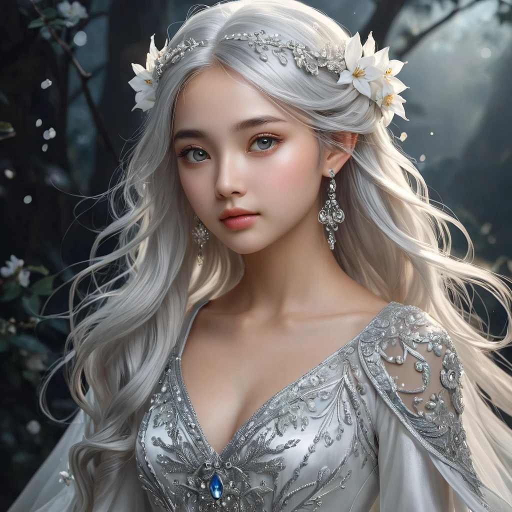 A breathtaking portrait of Lúthien Tinúviel, the Elf-maiden, bathed in the ethereal glow of moonlight. Her flowing silver hair cascades down her back, and her eyes sparkle with an otherworldly beauty. She is adorned in a flowing white gown, embroidered with delicate silver flowers, and her face is serene and ethereal.