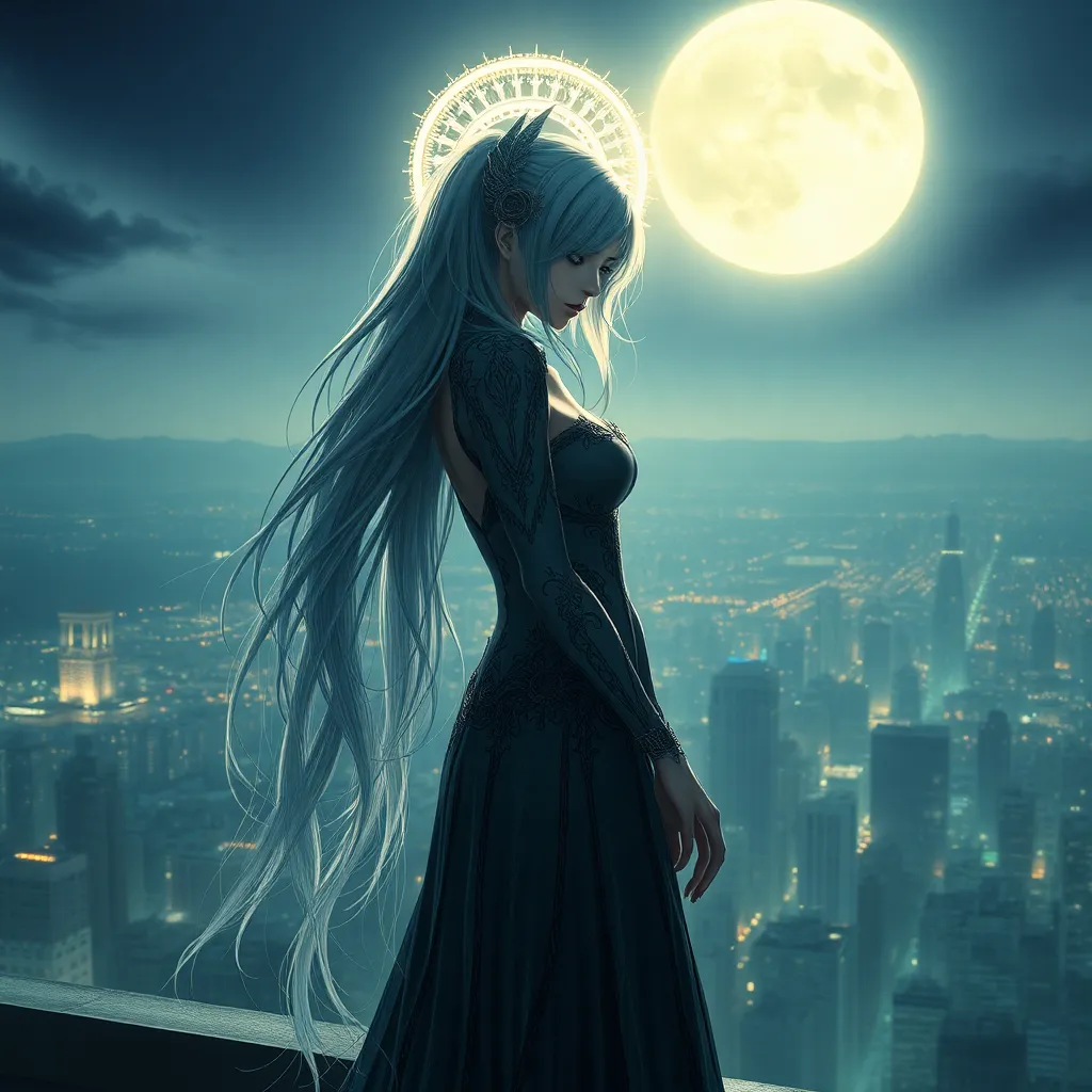 Bayonetta, ethereal and graceful, bathed in moonlight, her hair cascading down her back, a shimmering halo around her head, standing on a moonlit rooftop overlooking a sprawling cityscape, soft, dreamlike lighting, highly detailed, intricate