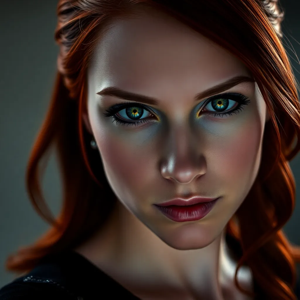 A close-up portrait of Natasha Romanoff, Black Widow, with a soft, melancholic expression. Her red hair is pulled back, revealing her strong features and piercing blue eyes. She wears a simple black dress, highlighting her vulnerability and inner strength. The lighting is soft and intimate, creating a sense of mystery and intrigue.