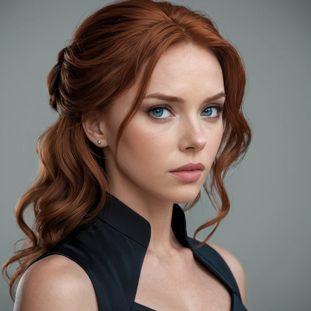 A close-up portrait of Natasha Romanoff, Black Widow, with a soft, melancholic expression. Her red hair is pulled back, revealing her strong features and piercing blue eyes. She wears a simple black dress, highlighting her vulnerability and inner strength. The lighting is soft and intimate, creating a sense of mystery and intrigue.