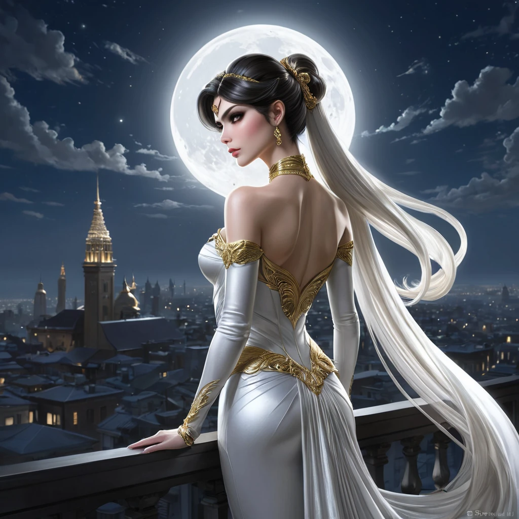 Bayonetta, ethereal and graceful, bathed in moonlight, her hair cascading down her back, a shimmering halo around her head, standing on a moonlit rooftop overlooking a sprawling cityscape, soft, dreamlike lighting, highly detailed, intricate