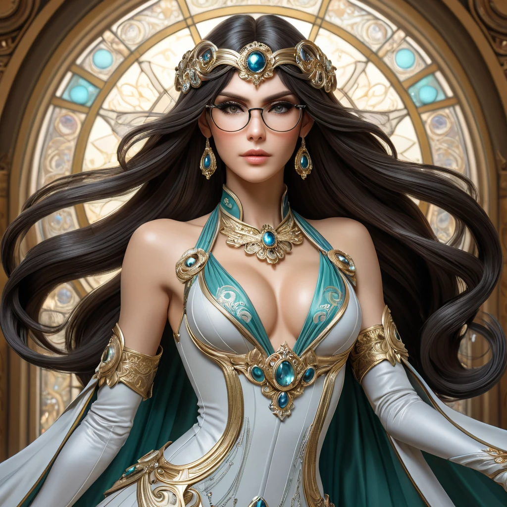 Bayonetta, elegant and powerful pose, flowing hair, intricate outfit, dramatic lighting, magical effects,  detailed background, art nouveau style, Alphonse Mucha,  trending on artstation, 8k resolution, hyperrealistic,  photorealistic, masterpiece