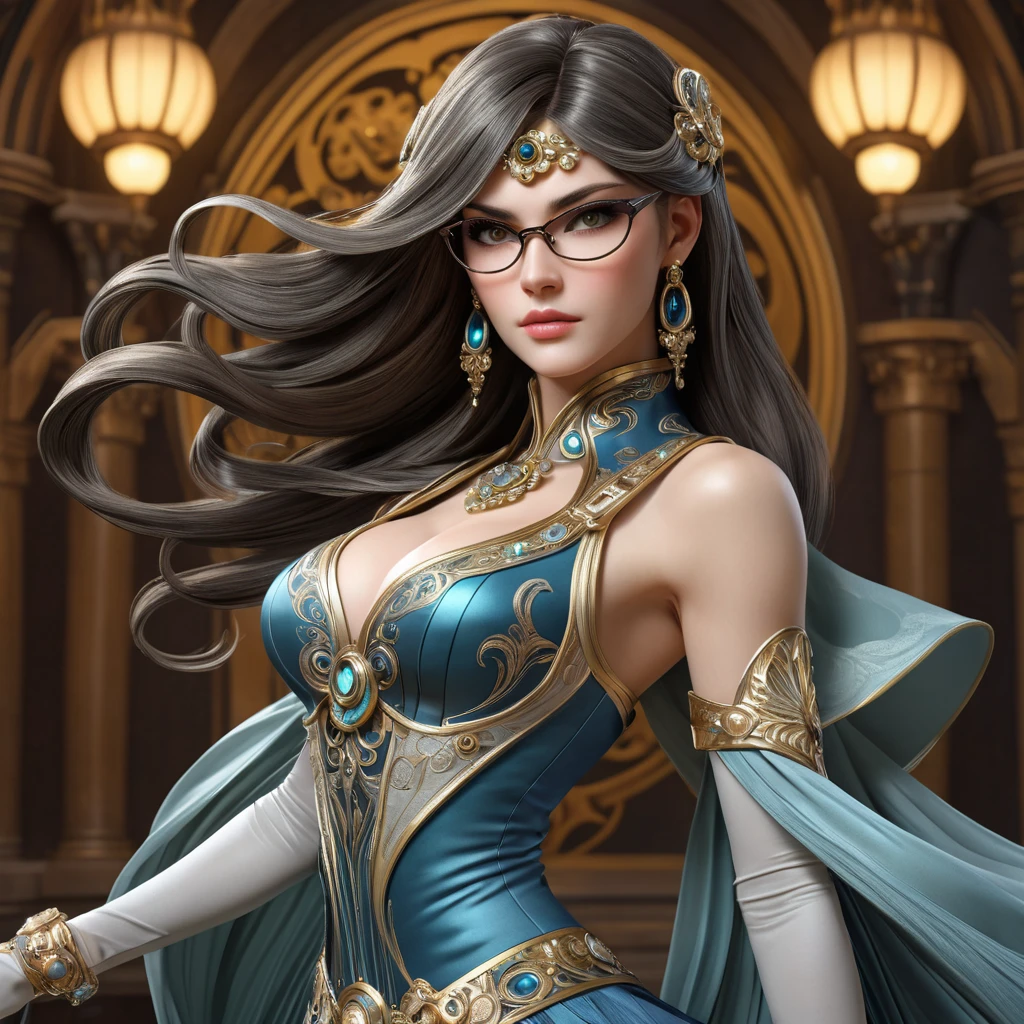 Bayonetta, elegant and powerful pose, flowing hair, intricate outfit, dramatic lighting, magical effects,  detailed background, art nouveau style, Alphonse Mucha,  trending on artstation, 8k resolution, hyperrealistic,  photorealistic, masterpiece