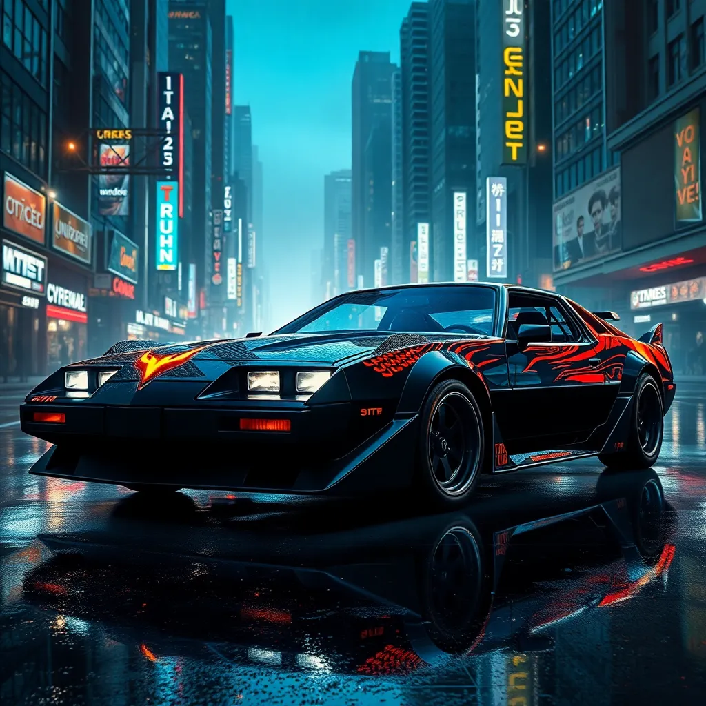 Futuristic KITT from Knight Rider in a cyberpunk city at night, an advanced, artificially intelligent, self-aware, and nearly indestructible car