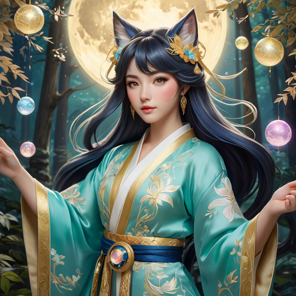 Ahri, League of Legends, ethereal beauty, flowing silk kimono, intricate gold embroidery, moonlit forest, glowing orbs of magic swirling around her, soft pastel colors, art nouveau style, delicate linework, serene expression, magical realism