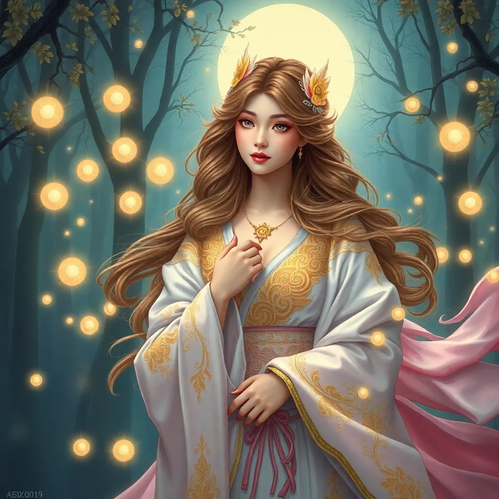 Ahri, League of Legends, ethereal beauty, flowing silk kimono, intricate gold embroidery, moonlit forest, glowing orbs of magic swirling around her, soft pastel colors, art nouveau style, delicate linework, serene expression, magical realism