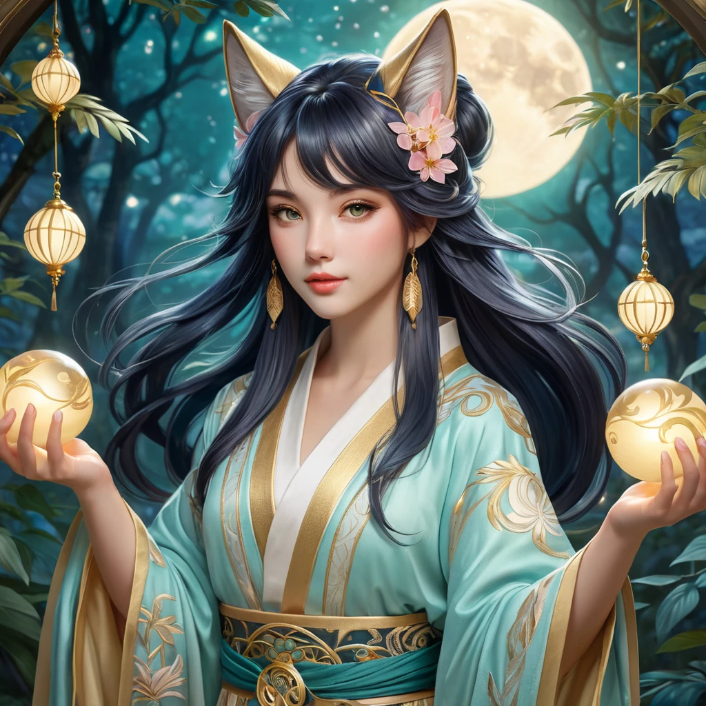 Ahri, League of Legends, ethereal beauty, flowing silk kimono, intricate gold embroidery, moonlit forest, glowing orbs of magic swirling around her, soft pastel colors, art nouveau style, delicate linework, serene expression, magical realism