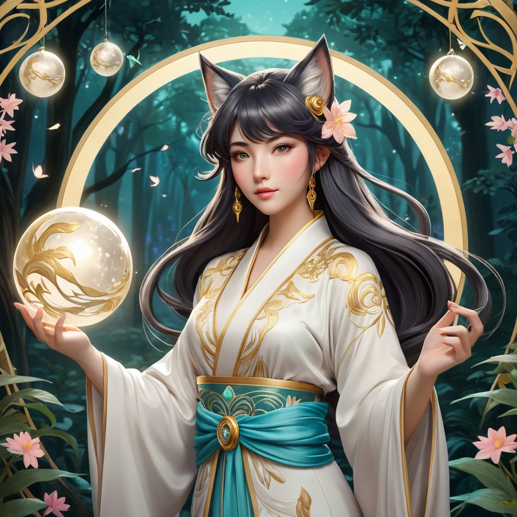 Ahri, League of Legends, ethereal beauty, flowing silk kimono, intricate gold embroidery, moonlit forest, glowing orbs of magic swirling around her, soft pastel colors, art nouveau style, delicate linework, serene expression, magical realism