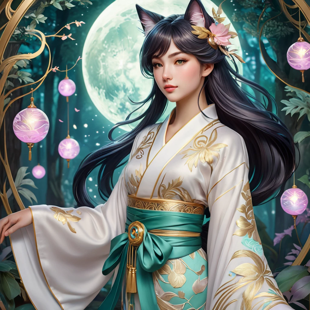 Ahri, League of Legends, ethereal beauty, flowing silk kimono, intricate gold embroidery, moonlit forest, glowing orbs of magic swirling around her, soft pastel colors, art nouveau style, delicate linework, serene expression, magical realism