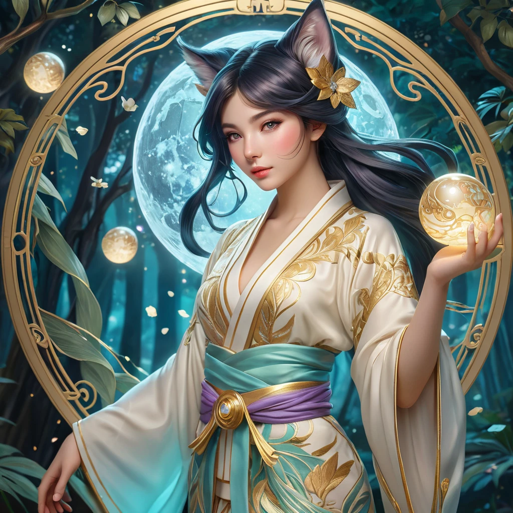 Ahri, League of Legends, ethereal beauty, flowing silk kimono, intricate gold embroidery, moonlit forest, glowing orbs of magic swirling around her, soft pastel colors, art nouveau style, delicate linework, serene expression, magical realism