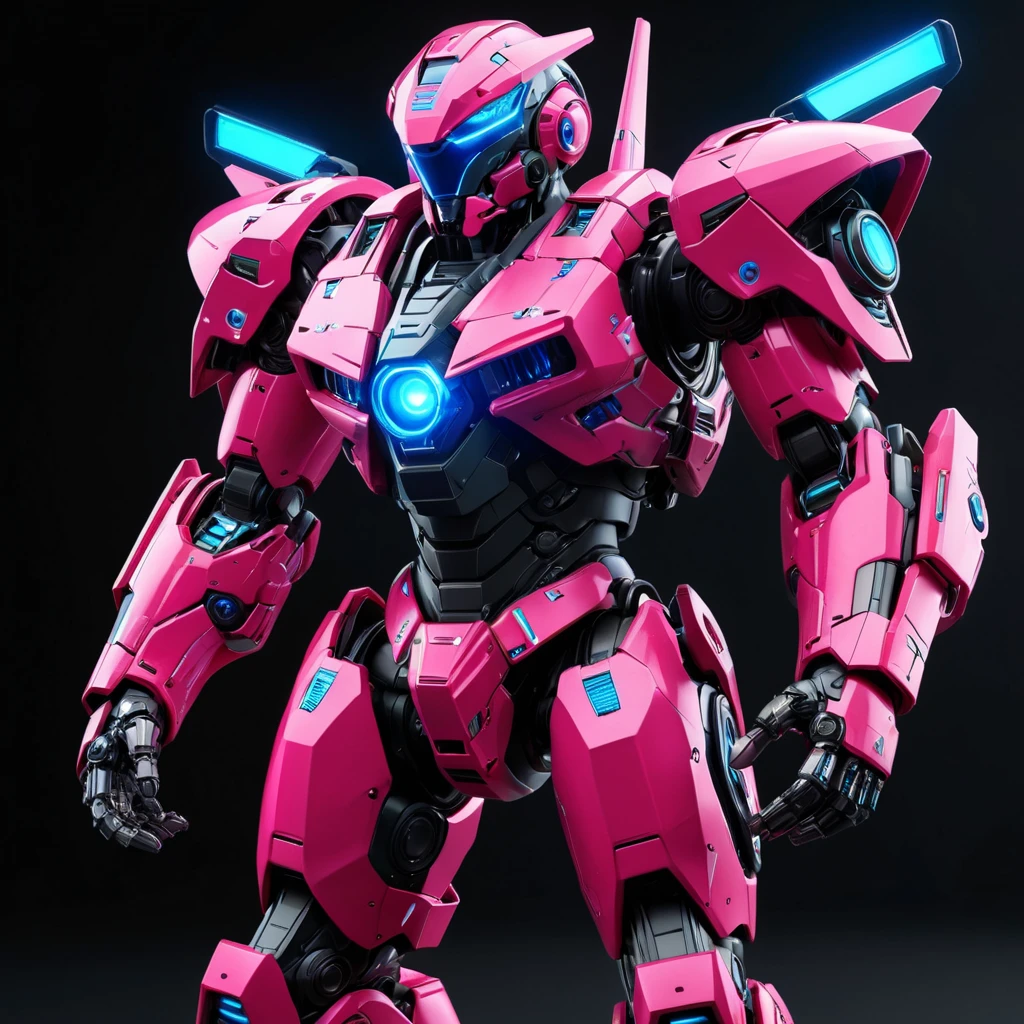 A fierce, powerful mech suit stands tall, its sleek, angular frame painted in a vibrant shade of pink and blue. The cockpit in the center glows with an internal light, hinting at the skilled pilot within. Intricate details adorn the mech, from the sharp edges of the armor plating to the nimble, articulated limbs.