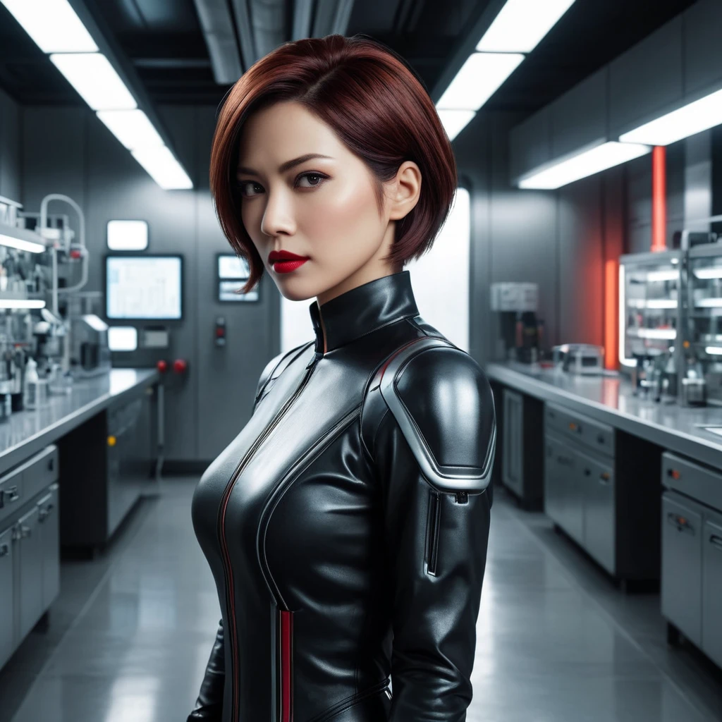 Ada Wong, a master of espionage and infiltration, moves through a high-tech laboratory, her auburn hair and crimson lips a striking contrast to the sterile, futuristic surroundings.