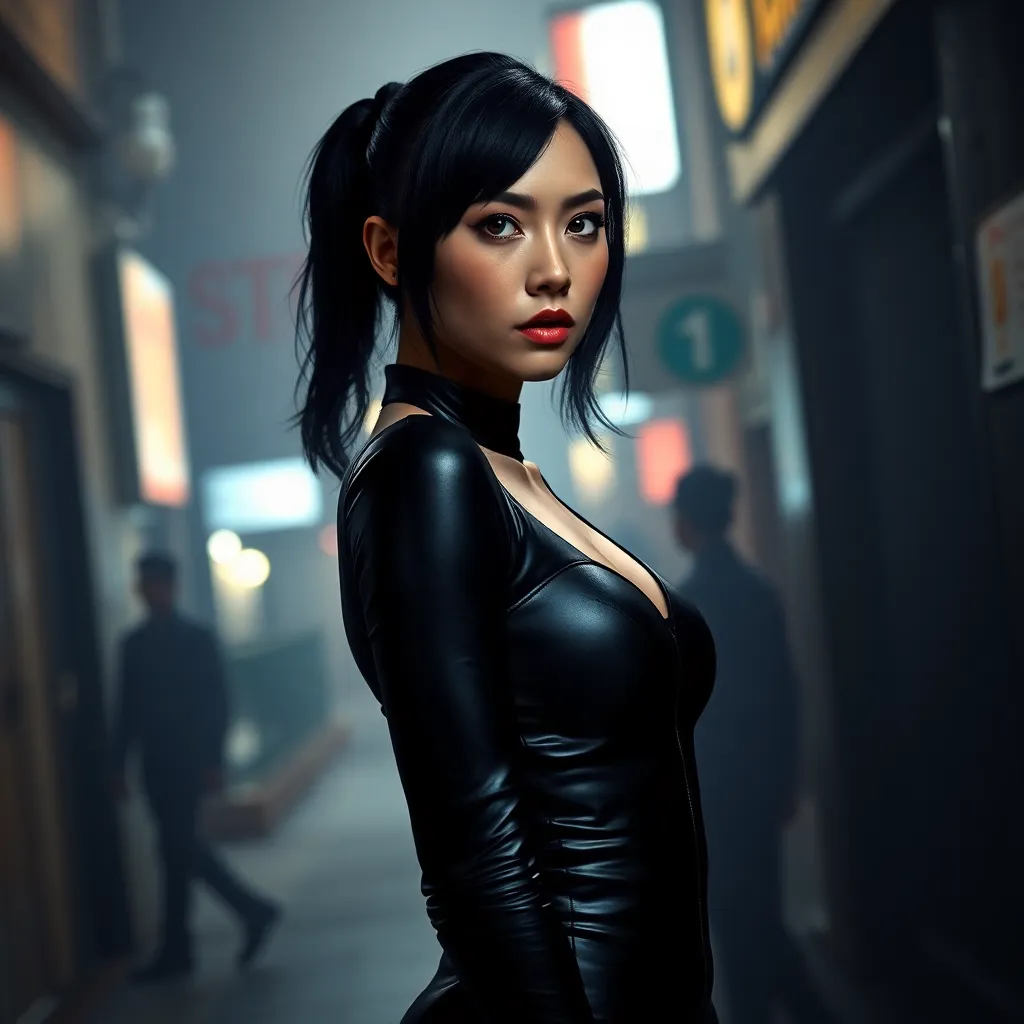 A mysterious and alluring woman named Ada Wong, dressed in a form-fitting black catsuit, stands in the shadows of a dimly lit urban environment. Her piercing gaze and confident posture suggest a skilled and dangerous operative.