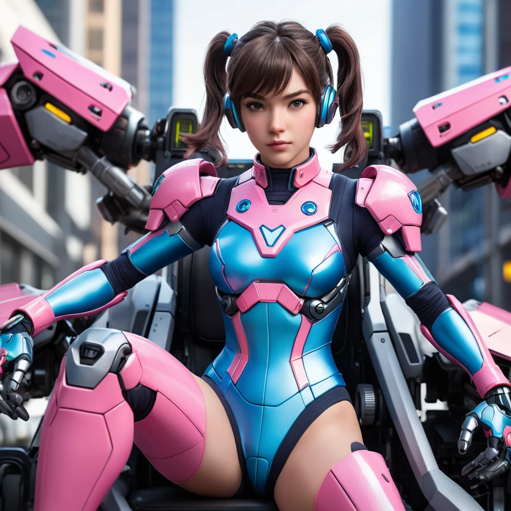 Perched atop the mech is the pilot herself, D.Va, her face set with fierce determination as she grips the controls. Her short hair is styled in twin pigtails, framing her youthful, anime-inspired features. She wears a skintight bodysuit in matching pink and blue hues, the shimmering material almost seeming to pulse with energy.