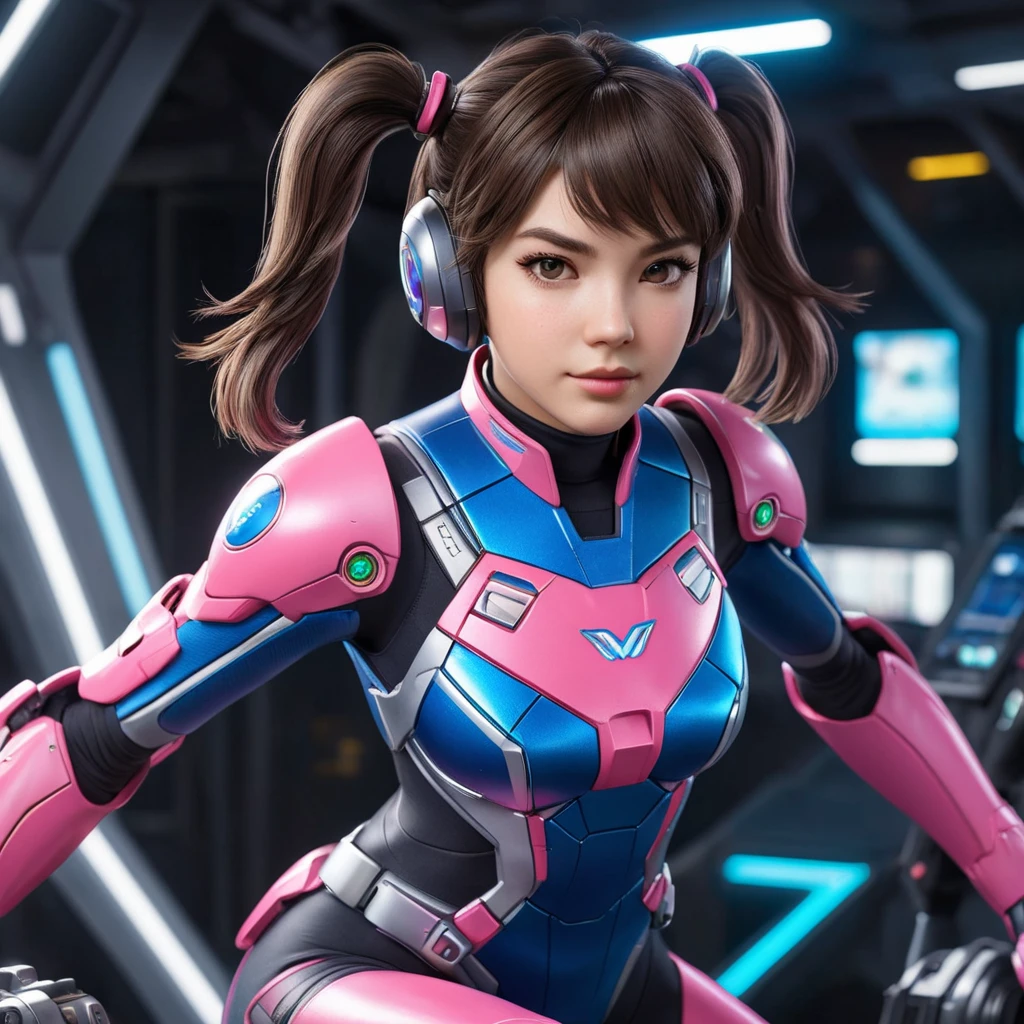 Perched atop the mech is the pilot herself, D.Va, her face set with fierce determination as she grips the controls. Her short hair is styled in twin pigtails, framing her youthful, anime-inspired features. She wears a skintight bodysuit in matching pink and blue hues, the shimmering material almost seeming to pulse with energy.