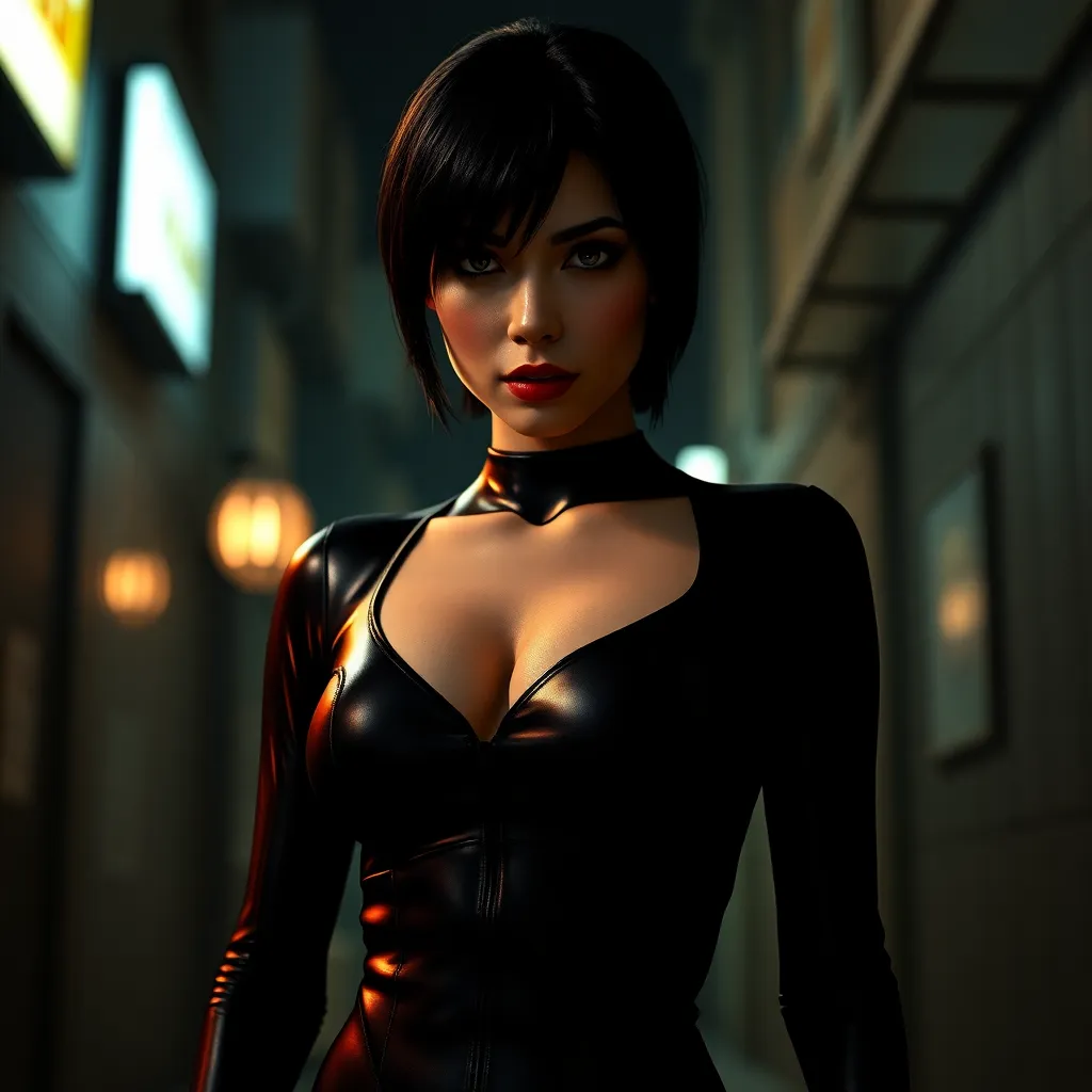 A mysterious and alluring woman named Ada Wong, dressed in a form-fitting black catsuit, stands in the shadows of a dimly lit urban environment. Her piercing gaze and confident posture suggest a skilled and dangerous operative.