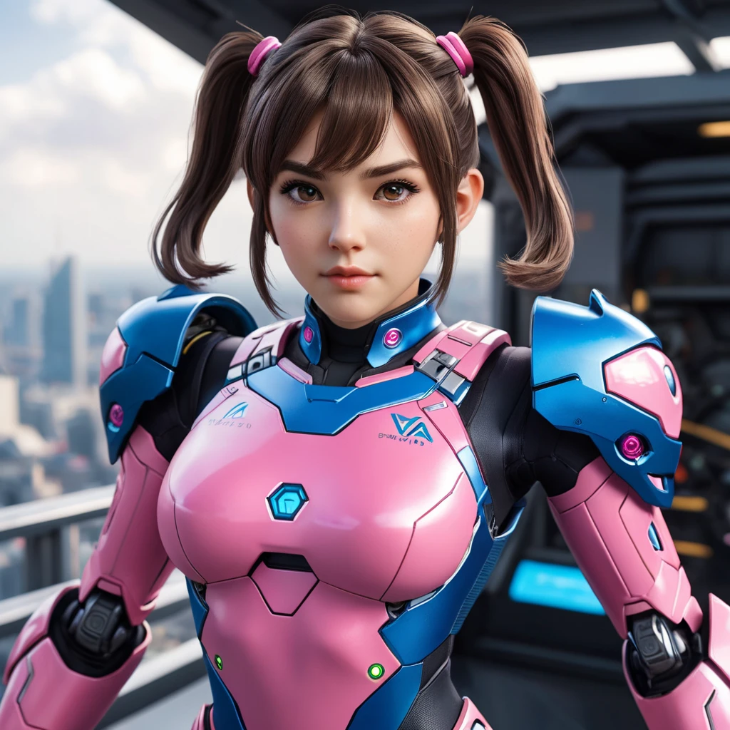 Perched atop the mech is the pilot herself, D.Va, her face set with fierce determination as she grips the controls. Her short hair is styled in twin pigtails, framing her youthful, anime-inspired features. She wears a skintight bodysuit in matching pink and blue hues, the shimmering material almost seeming to pulse with energy.