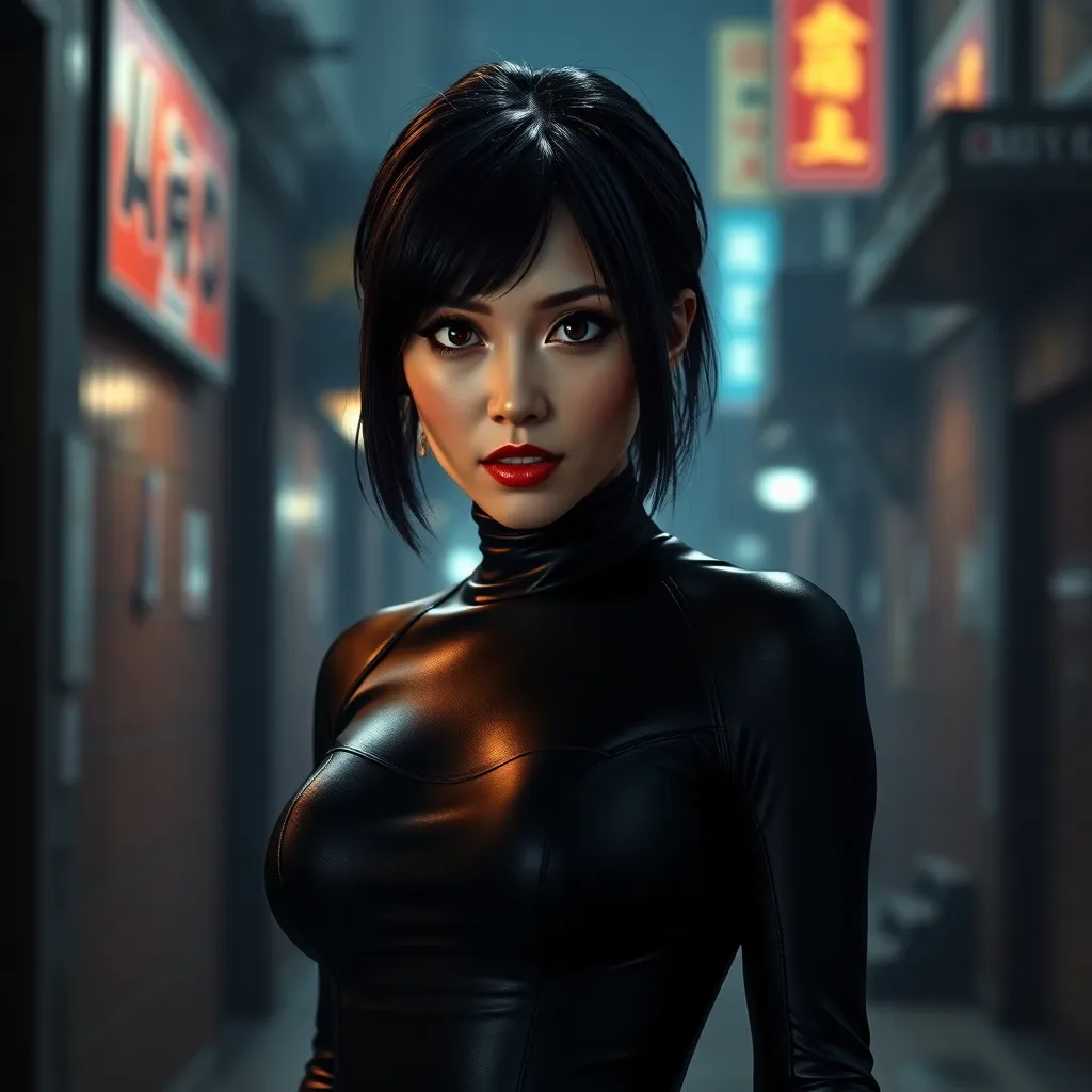 A mysterious and alluring woman named Ada Wong, dressed in a form-fitting black catsuit, stands in the shadows of a dimly lit urban environment. Her piercing gaze and confident posture suggest a skilled and dangerous operative.