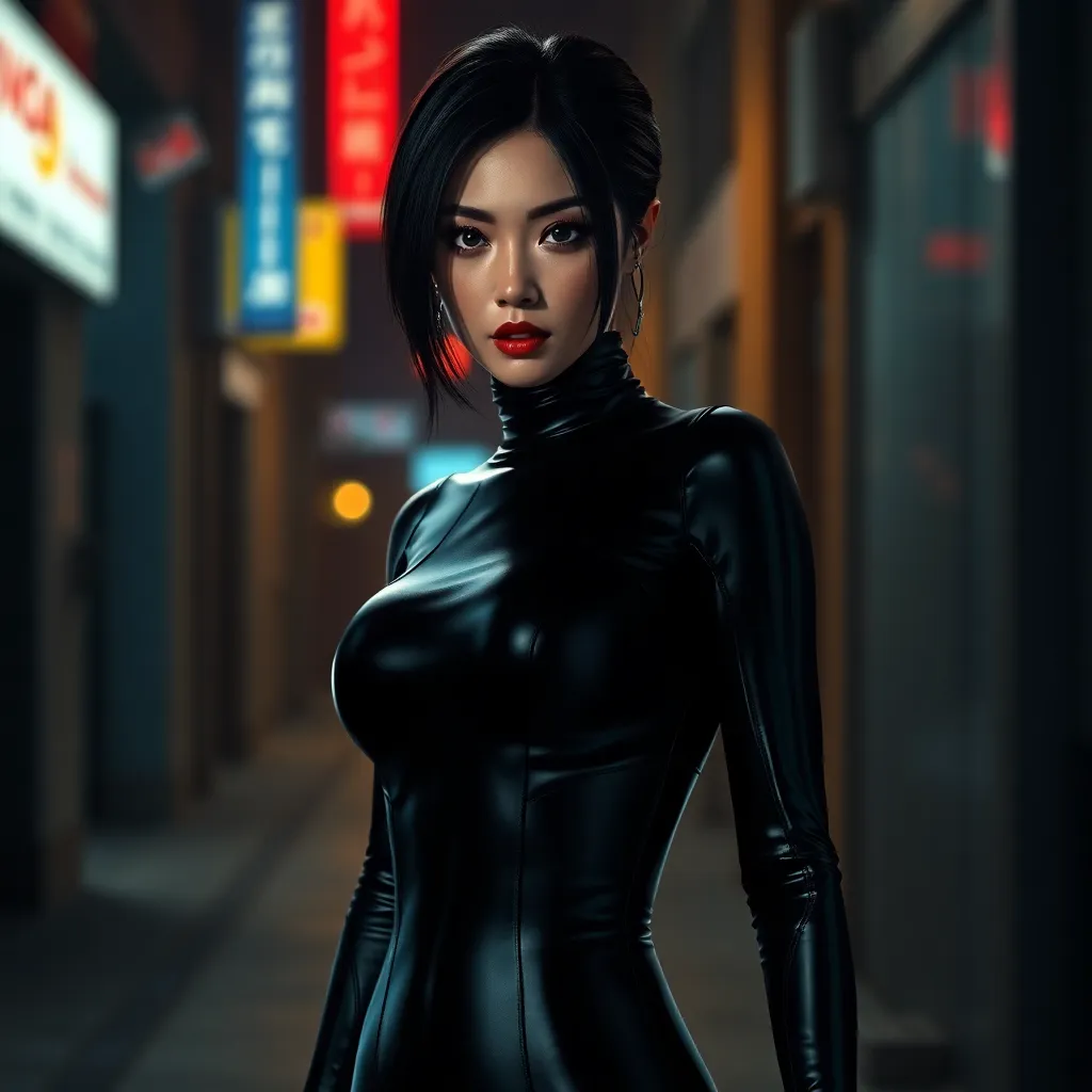 A mysterious and alluring woman named Ada Wong, dressed in a form-fitting black catsuit, stands in the shadows of a dimly lit urban environment. Her piercing gaze and confident posture suggest a skilled and dangerous operative.