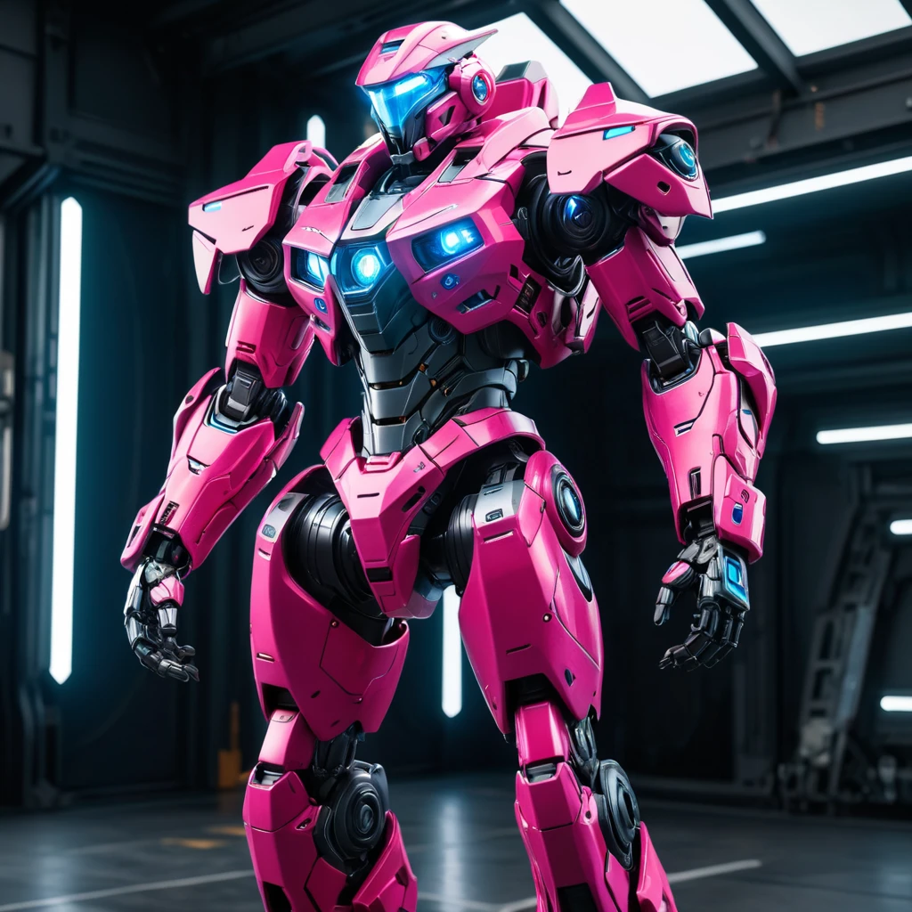 A fierce, powerful mech suit stands tall, its sleek, angular frame painted in a vibrant shade of pink and blue. The cockpit in the center glows with an internal light, hinting at the skilled pilot within. Intricate details adorn the mech, from the sharp edges of the armor plating to the nimble, articulated limbs.