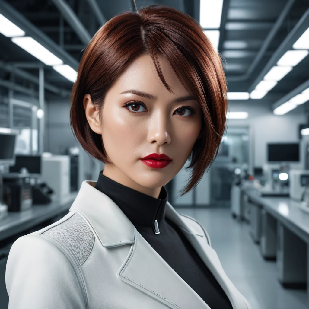 Ada Wong, a master of espionage and infiltration, moves through a high-tech laboratory, her auburn hair and crimson lips a striking contrast to the sterile, futuristic surroundings.