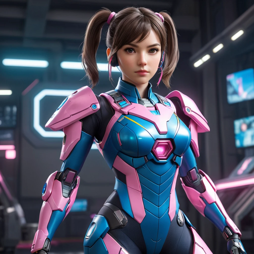 Perched atop the mech is the pilot herself, D.Va, her face set with fierce determination as she grips the controls. Her short hair is styled in twin pigtails, framing her youthful, anime-inspired features. She wears a skintight bodysuit in matching pink and blue hues, the shimmering material almost seeming to pulse with energy.