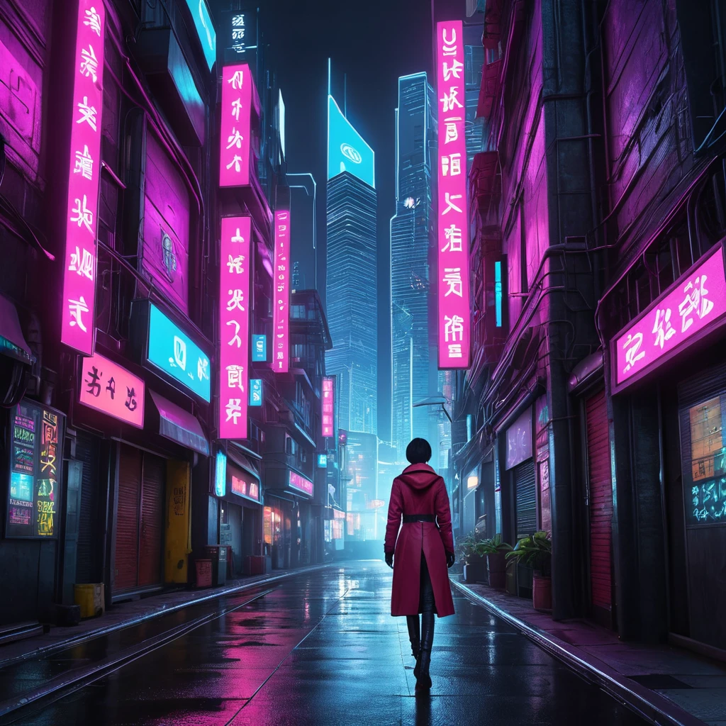 In a cyberpunk-inspired cityscape, Ada Wong navigates a maze of neon-lit alleyways and towering skyscrapers, her every move calculated and precise as she pursues her latest objective.