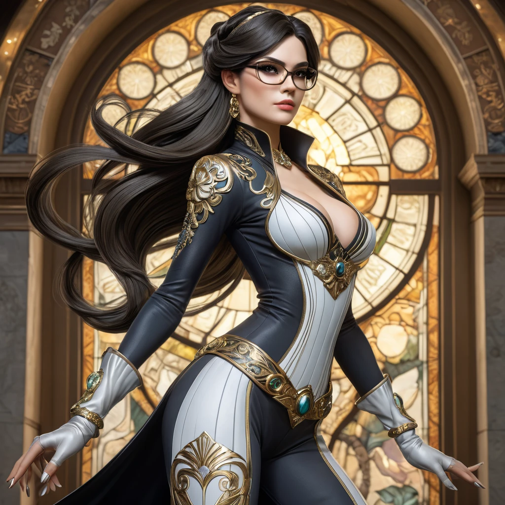 Bayonetta, elegant and powerful pose, flowing hair, intricate outfit, dramatic lighting, magical effects,  detailed background, art nouveau style, Alphonse Mucha,  trending on artstation, 8k resolution, hyperrealistic,  photorealistic, masterpiece