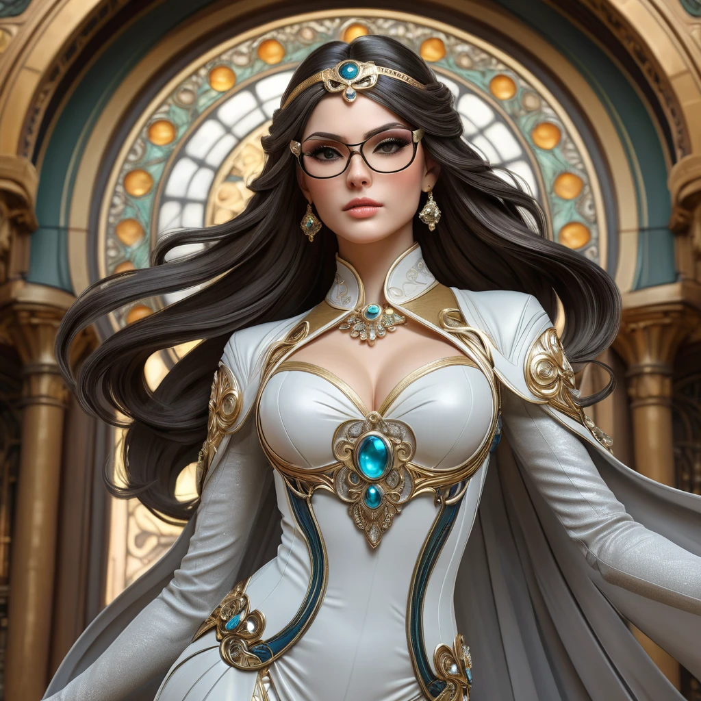 Bayonetta, elegant and powerful pose, flowing hair, intricate outfit, dramatic lighting, magical effects,  detailed background, art nouveau style, Alphonse Mucha,  trending on artstation, 8k resolution, hyperrealistic,  photorealistic, masterpiece